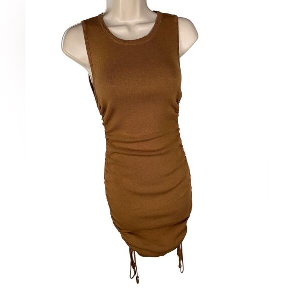 Lioness Tan Military Minds Ruched Ribbed Drawstring Mini Dress - Picture 6 of 9
